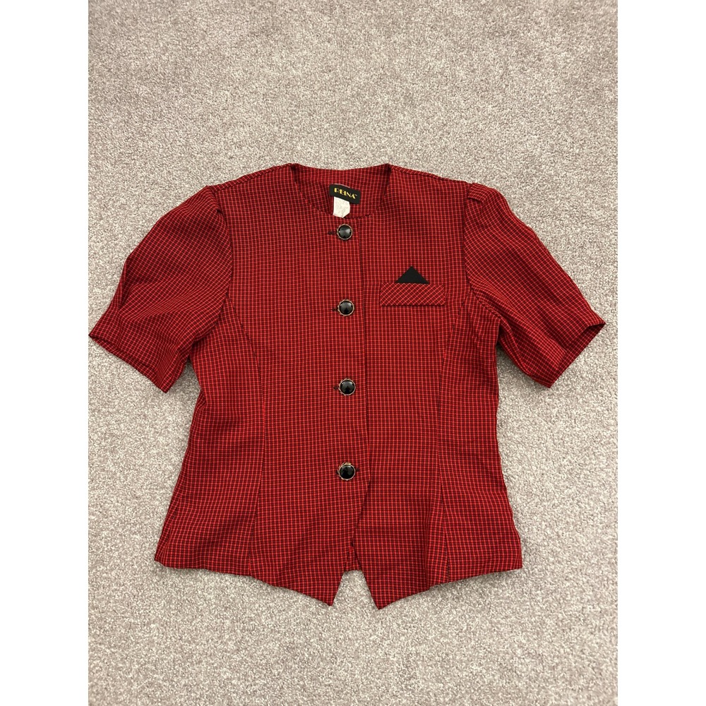 80s Reina Blazer Top Women 8P Red Black Micro Check Short Sleeve VTG Excellent